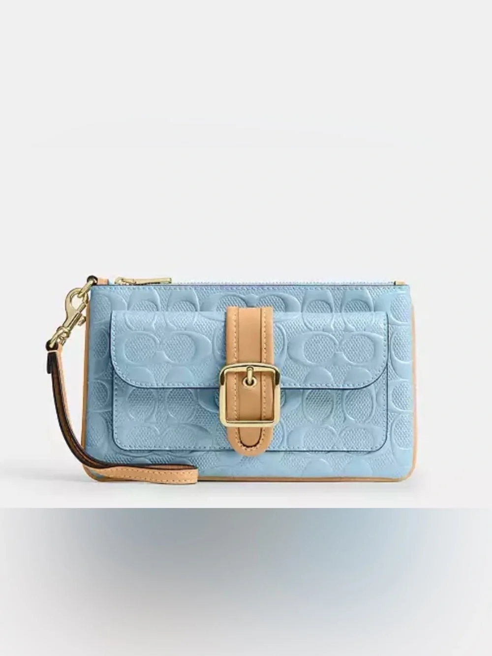🩵 Coach NWT Light Blue Ashton Leather  Wristlet Wallet /Tan Strap Gold Buckle